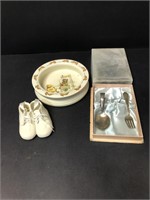 Baby lot -Bowl, baby fork & spoon, china shoe