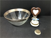Silver rim bowl, flower frog, heart frame, & trink