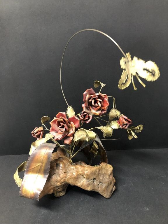 Mid-Century -roses & butterfly metal scuplture