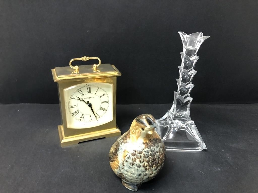 Howard Miller clock, Pottery bird, & candle sticks