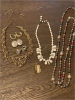 Vintage jewelry lot - white glass beads, locket &