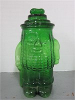 GREEN GLASS MR PEANUT LIDDED JAR