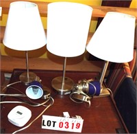 3 chrome table lamps, pr. blue cased