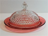 Indiana Cranberry Diamond Point Butter Dish Ruby