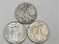 3- 1943 Silver Walking Liberty Half Dollar Coins