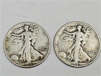 2-1943 S Silver Walking Liberty Half Dollar Coins