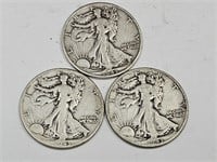 3-1943 D Silver Walking Liberty Half Dollar Coins