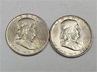 2- 1956 Silver Franklin Half Dollar Coins