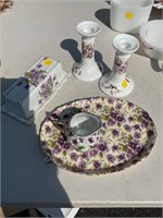 Purple and white floral China pieces