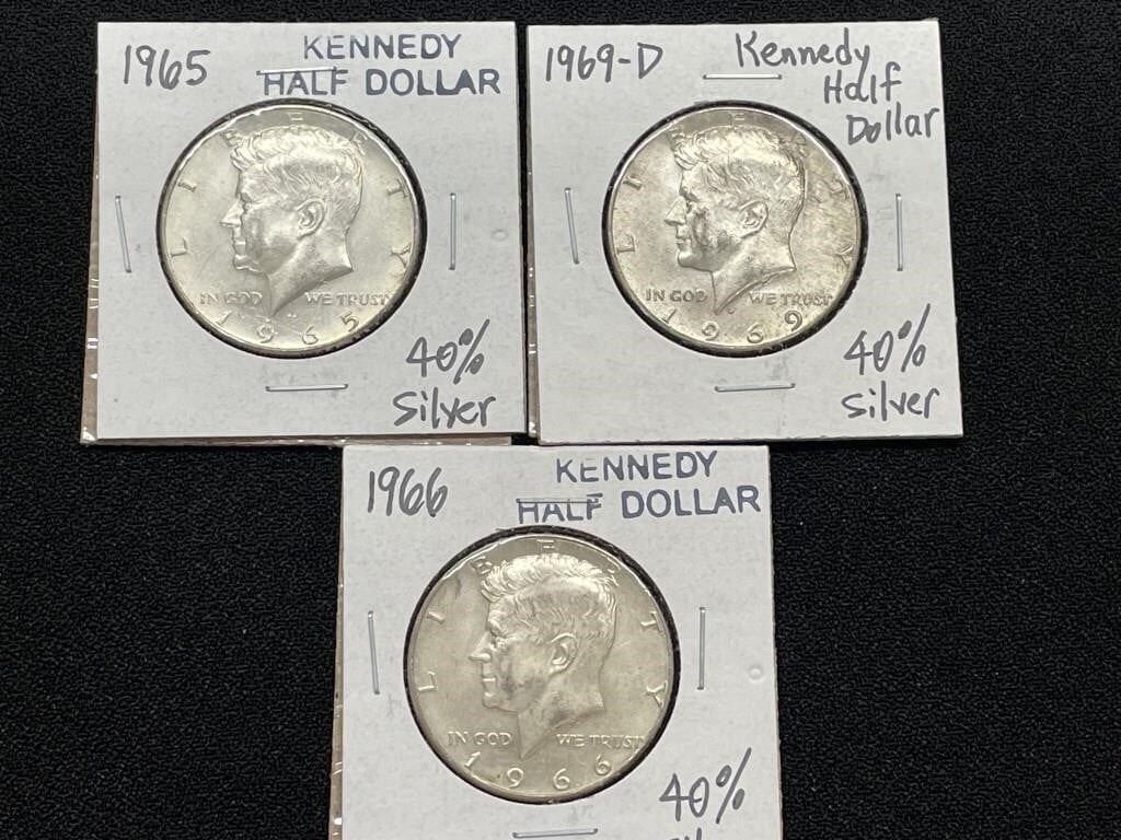 1965, 1966 & 1969D Kennedy Half Dollar