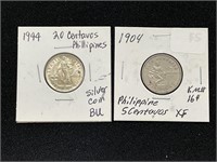 1904 & 1944 Philippines 5 & 20 Centavos