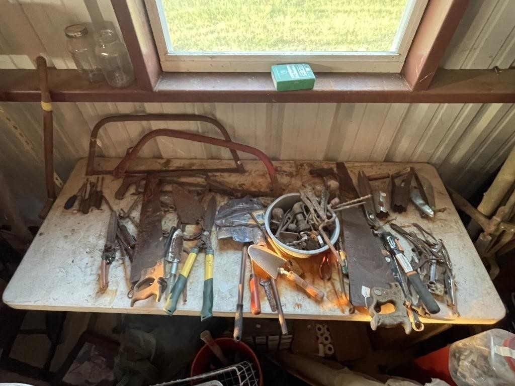 Large Table Top Full of Tools, Saws, Wrenches, Etc
