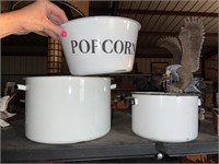 3 Large Enamel Pots / Bowl, 2 Vintage 1 POPCORN