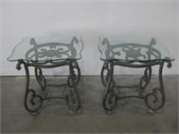 Two 24"x 27"x 27" Glass & Cast Iron End Tables