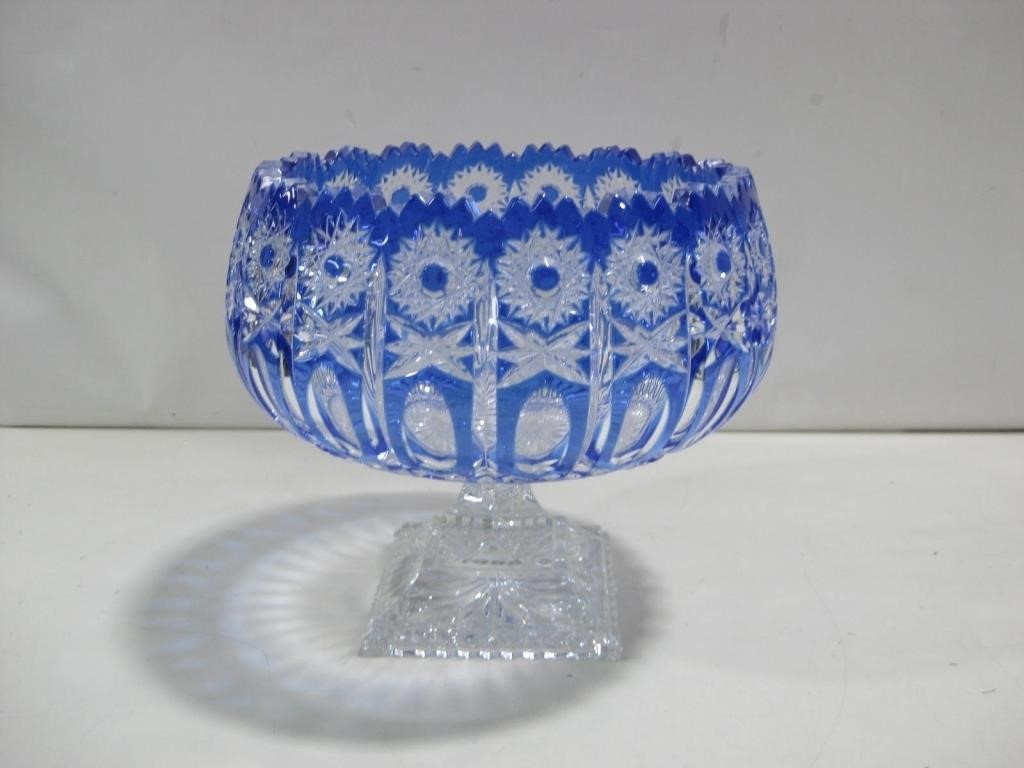 8" Vtg Bohemian Blue Lead Crystal Pedestal Bowl