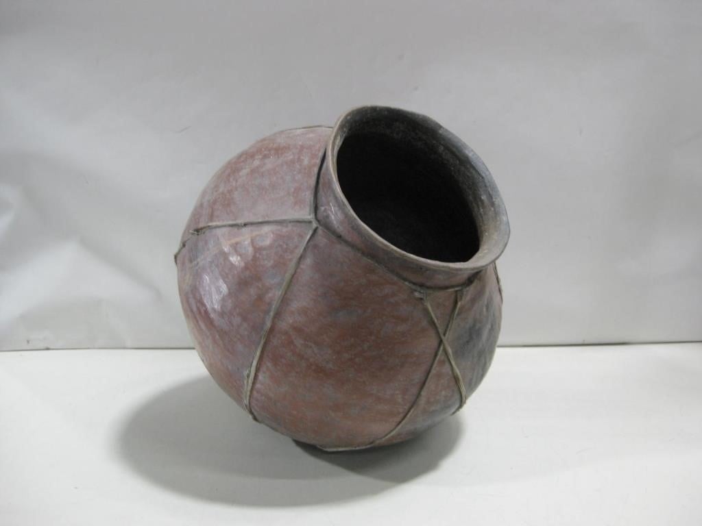 16" Tall Rawhide Wrapped Pottery Vessel