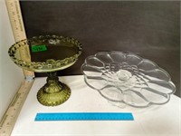 Green Glass Footed Candy Dish & Footed Cake Plate