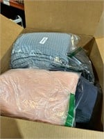 Large box of soft goods, covers, linens, etc
