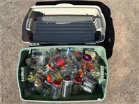 LARGE LOT OF COVERED BOTTLES WITH TUB