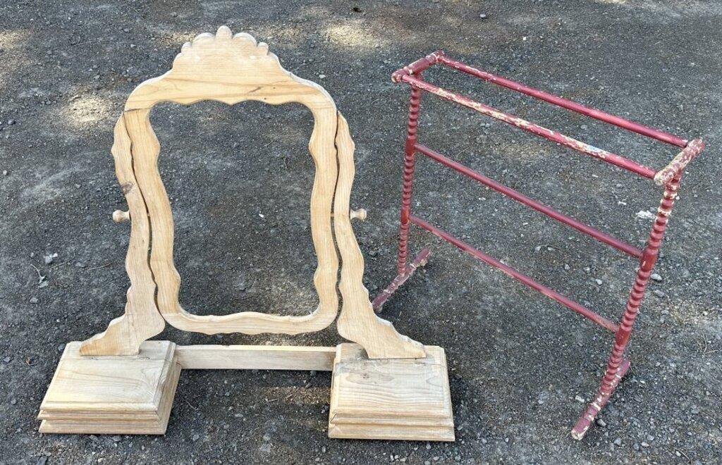 ANTIQUE TOWEL STAND WITH PINE MIRROR DISPLAY