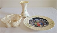 Glass Basket, Belleek Vase, & Holiday Plate