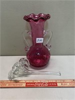 CRANBERRY GLASS VASE W WATERING GLASS