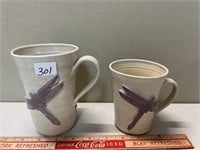 PRETTY DRAGONFLY SIGNED POTTERY MUGS WITH REPAIRS