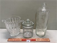 TWO COVERED GLASS JARS AND MORE