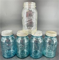 5 Antique Ball Mason Jars w/ Zinc Lids