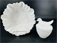 Imperial Roses on Satin Milk Glass Bowl & Dove on