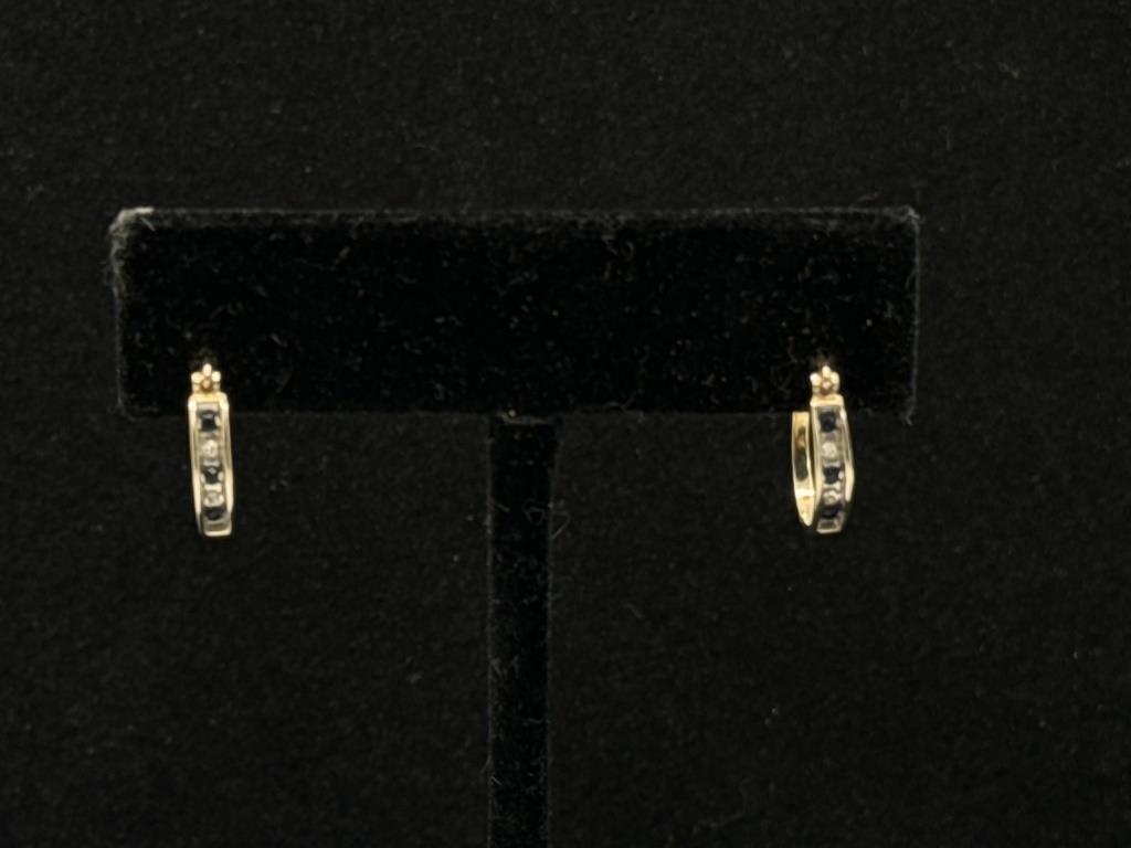 Sapphire and Diamond 14k Gold Hoop Earrings 3/4"