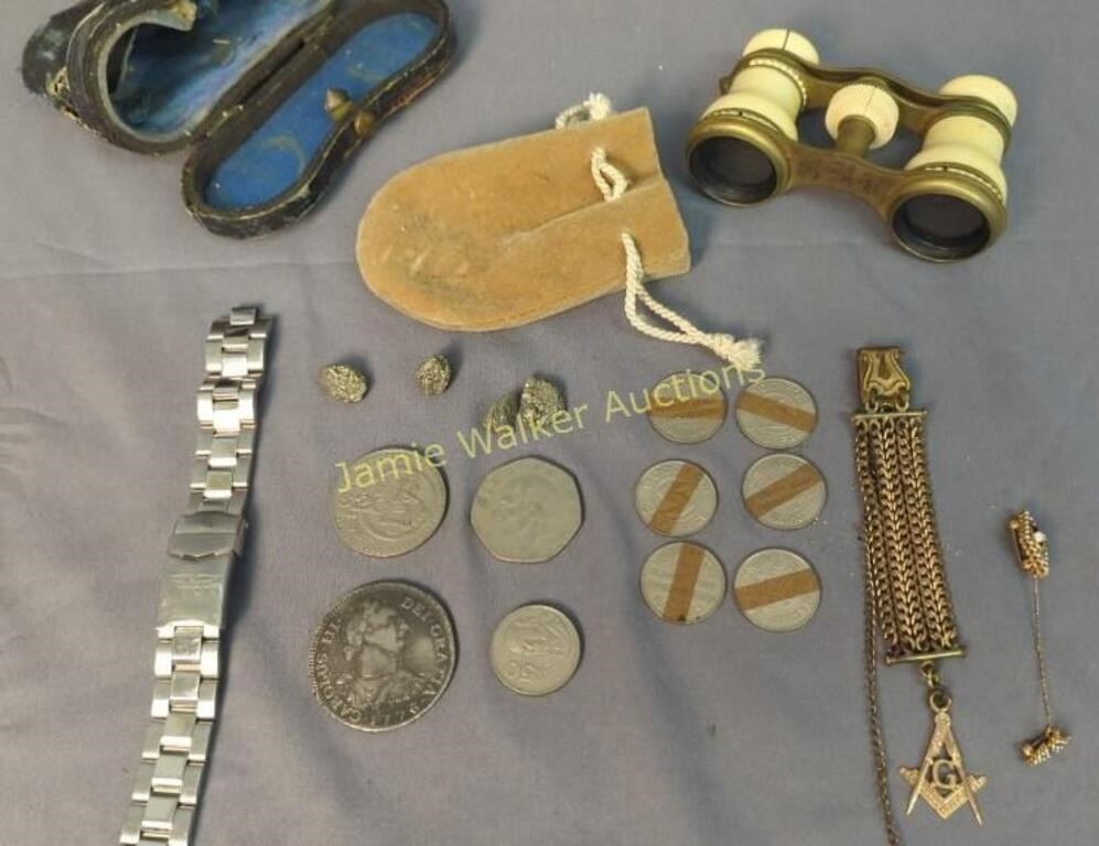 Masonic Fob, Foreign Coins, Opera Glasses,