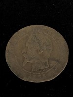 Antique 1855 Bronze 10 Centimes Napoleon III Coin