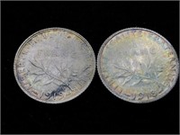 Pair of Antique 1Franc Silver Coins - 1918, 1919