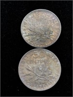 Pair of Antique 1918 France Silver 50 Centimes