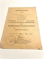 WWII German Award Document for black wound badge