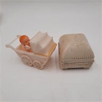 Antique, Vintage Baby in Buggy & Dbl Ring box