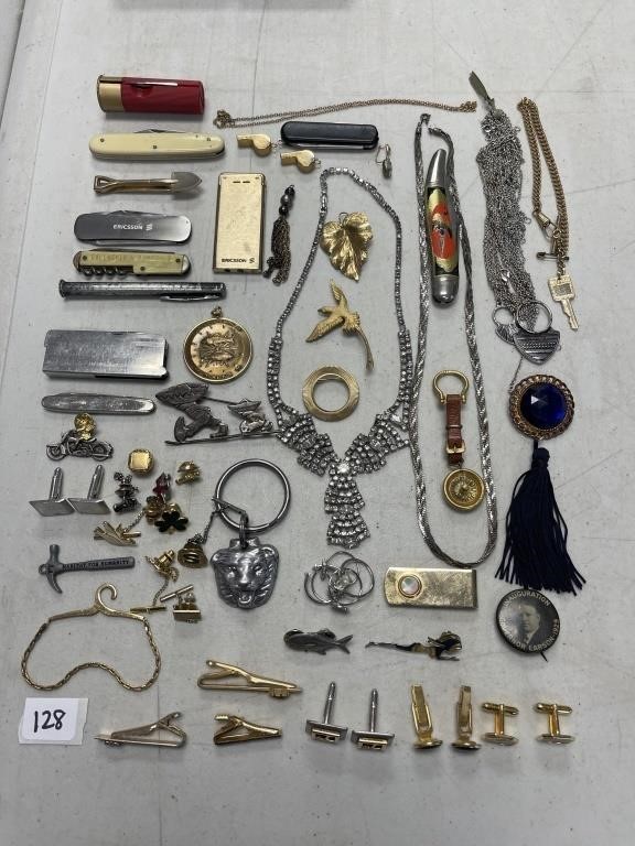 MISC. ITEMS OUT OF A MEN'S JEWELRY BOX PINS, CHAIN