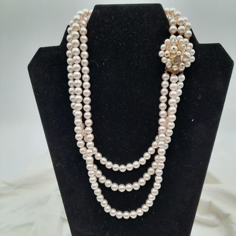 Triple Strand Faux Pearl Necklace - Vintage Japan