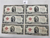 1928 SERIES $2.00 RED NOTES FAIR CONDITION X 6