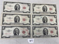 1953 SERIES $2.00 RED SEAL NOTES X 6