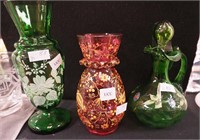 Three vintage colored glass decorated items:
