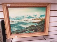 Oil painting on canvas of coastal scene by