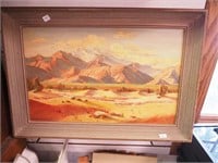 Desert landscape painting with mountains in