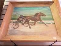 Framed painting of sulky racer in relief on