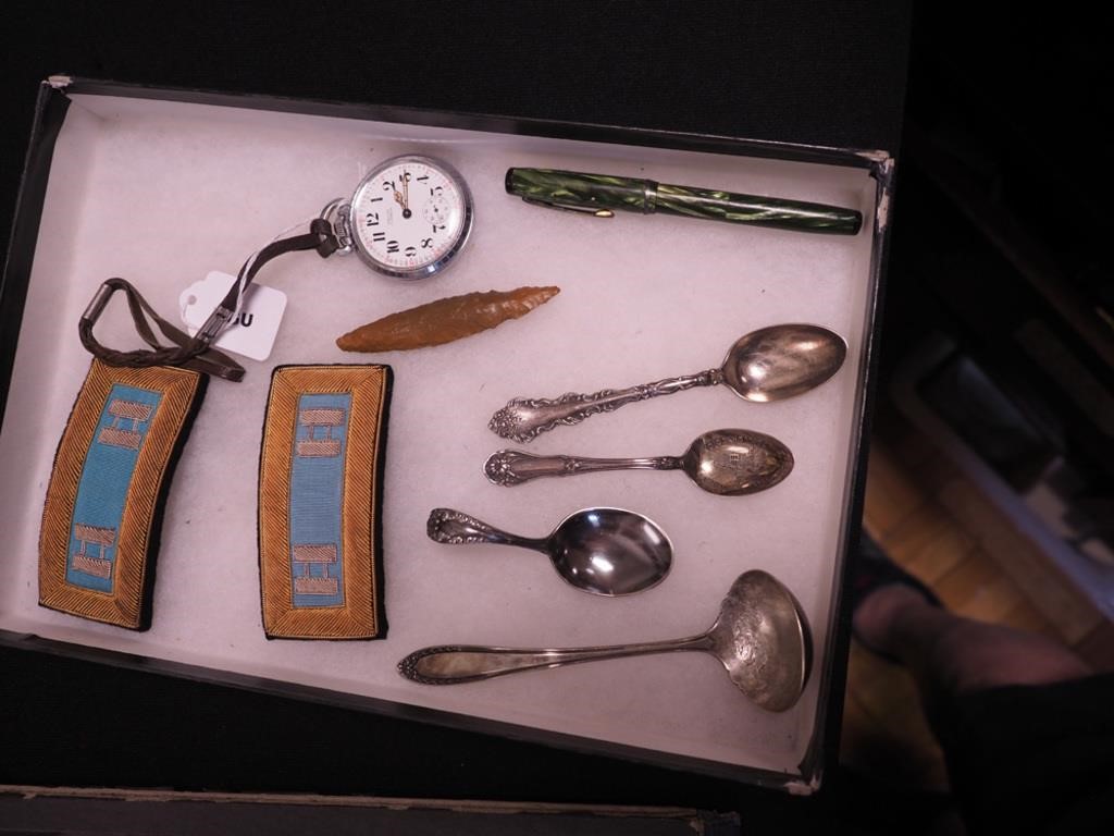 Gruen 17-jewel pocket watch, silverplate spoons,