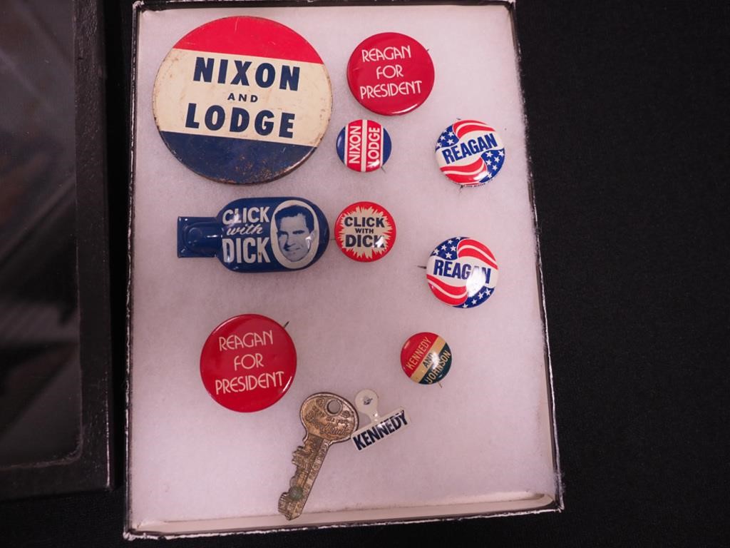 Tray of political pins including Nixon, Lodge,
