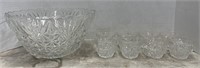 Vintage Crystal Glass Punch Bowl And 8 Crystal