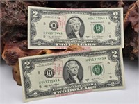 Two $2 Bills 2003 A Series Consecutive #'s
