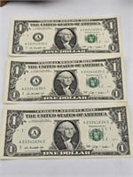 Three UNC 2009 Series $1 Bills Consecutive #'s